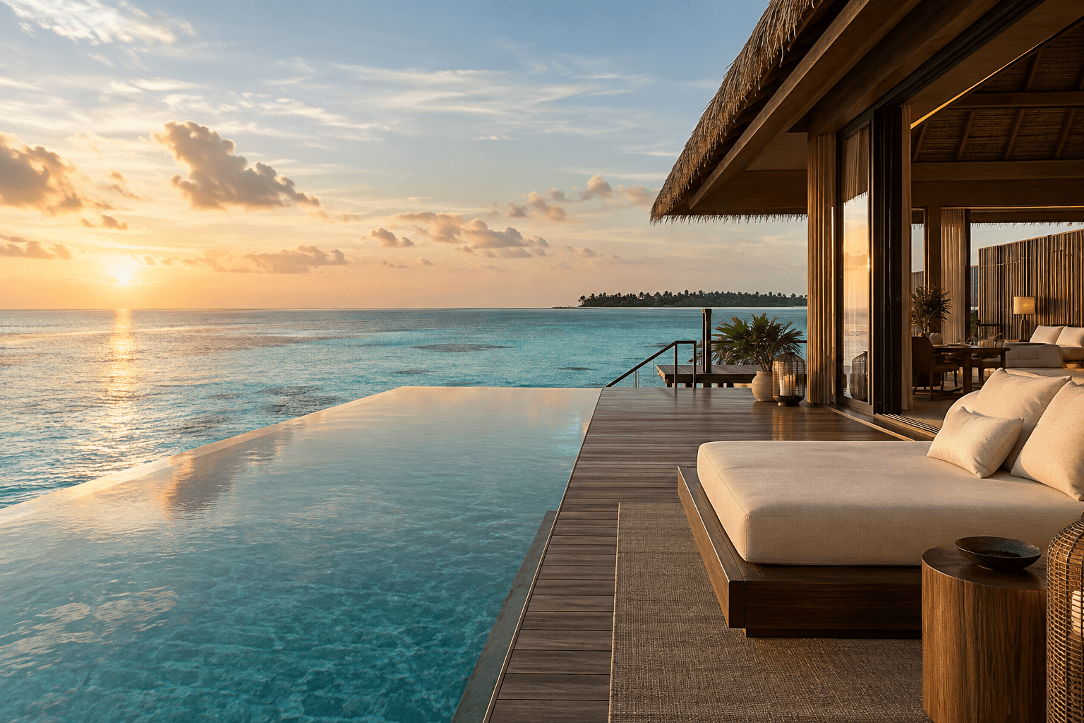 Private overwater villa and infinity pool in the Maldives